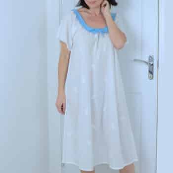 White Cotton Nightdress with a Light Blue Peter Pan Collar