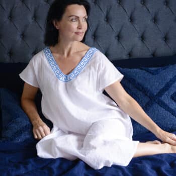 White Cotton Nightdress with Blue V Neck Embroidery