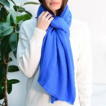 Electric Blue Herringbone Cashmere Wool Scarf